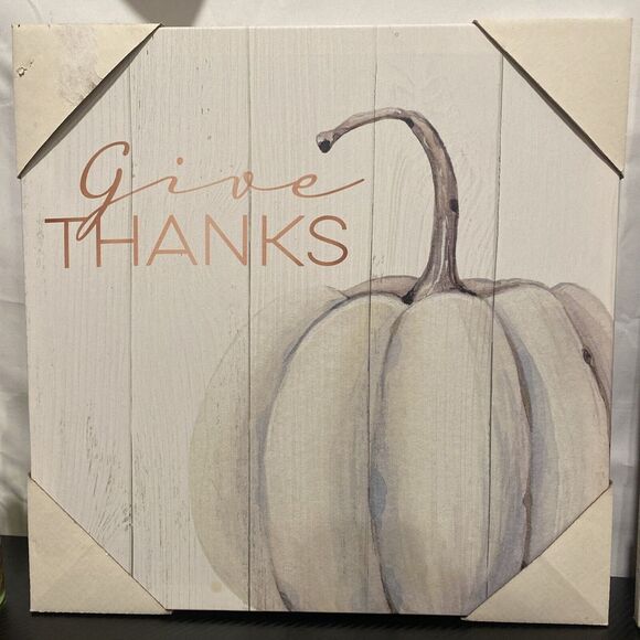 New Farmhouse Give Thanks White Pumpkin PICTURE Wall Hanging - Picture 1 of 8